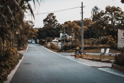 a motorcycle parked on the side of a road